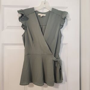 Peplum Sage Green Wrap Blouse with Ruffle Sleeves V Neck Size L